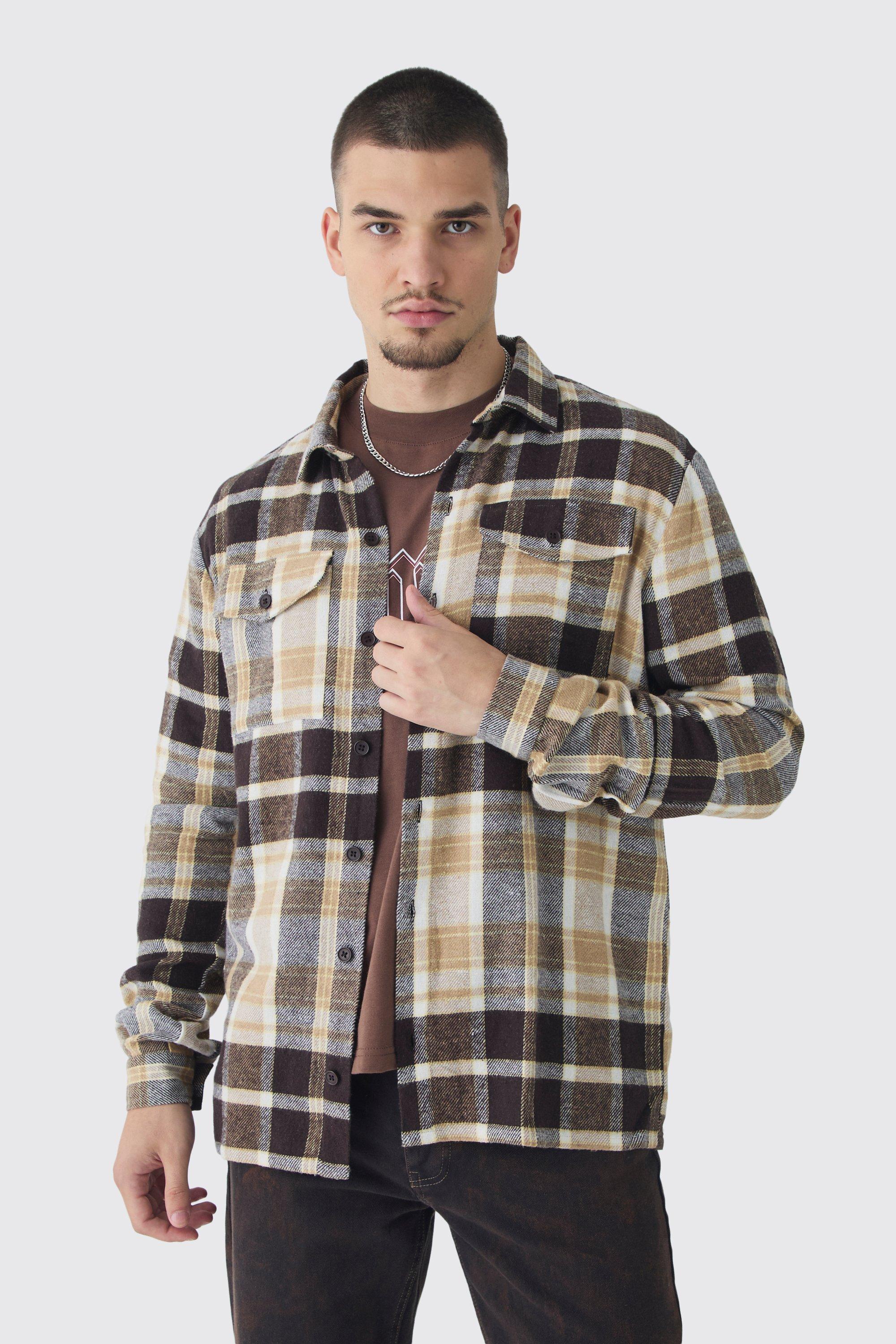 Mens Brown Tall Regular Fit Tan Large Scale Brushed Checked Shirt, Brown Product Image