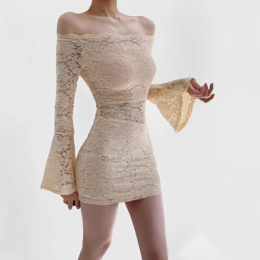 Bell Sleeve Off Shoulder Plain Lace Mini Sheath Dress Product Image