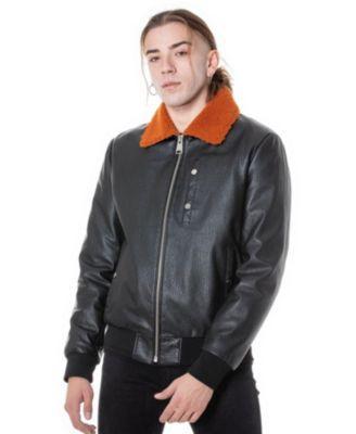 Men's Genuine Leather Bomber Jacket with Shearling Lining, Black Nappa And Orange Curly Wool Product Image