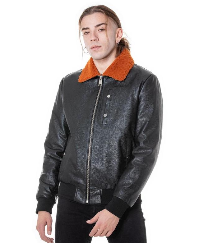 Men's Genuine Leather Bomber Jacket with Shearling Lining, Black Nappa And Orange Curly Wool Product Image