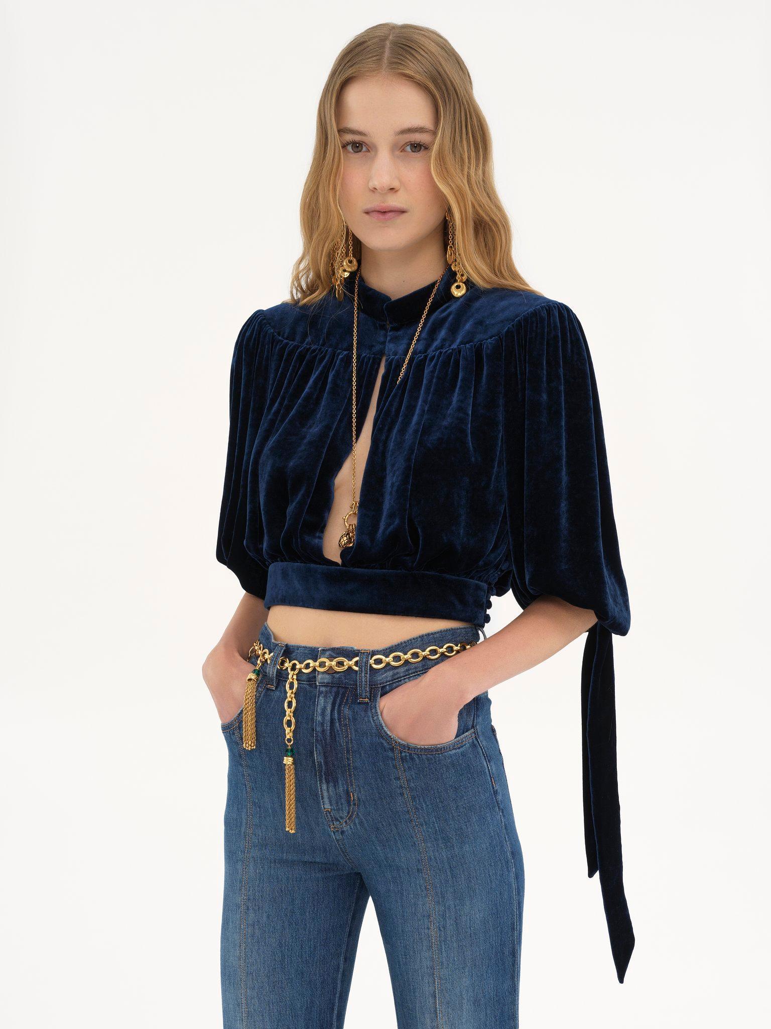 Gathered cropped top in velvet Product Image