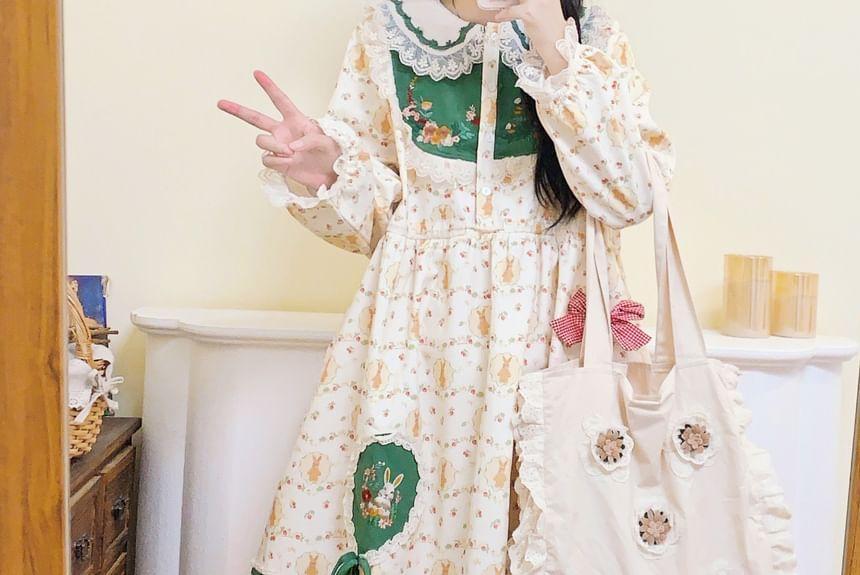 Long-Sleeve Collar Rabbit Print Embroidered Lace Trim Midi A-Line Dress Product Image