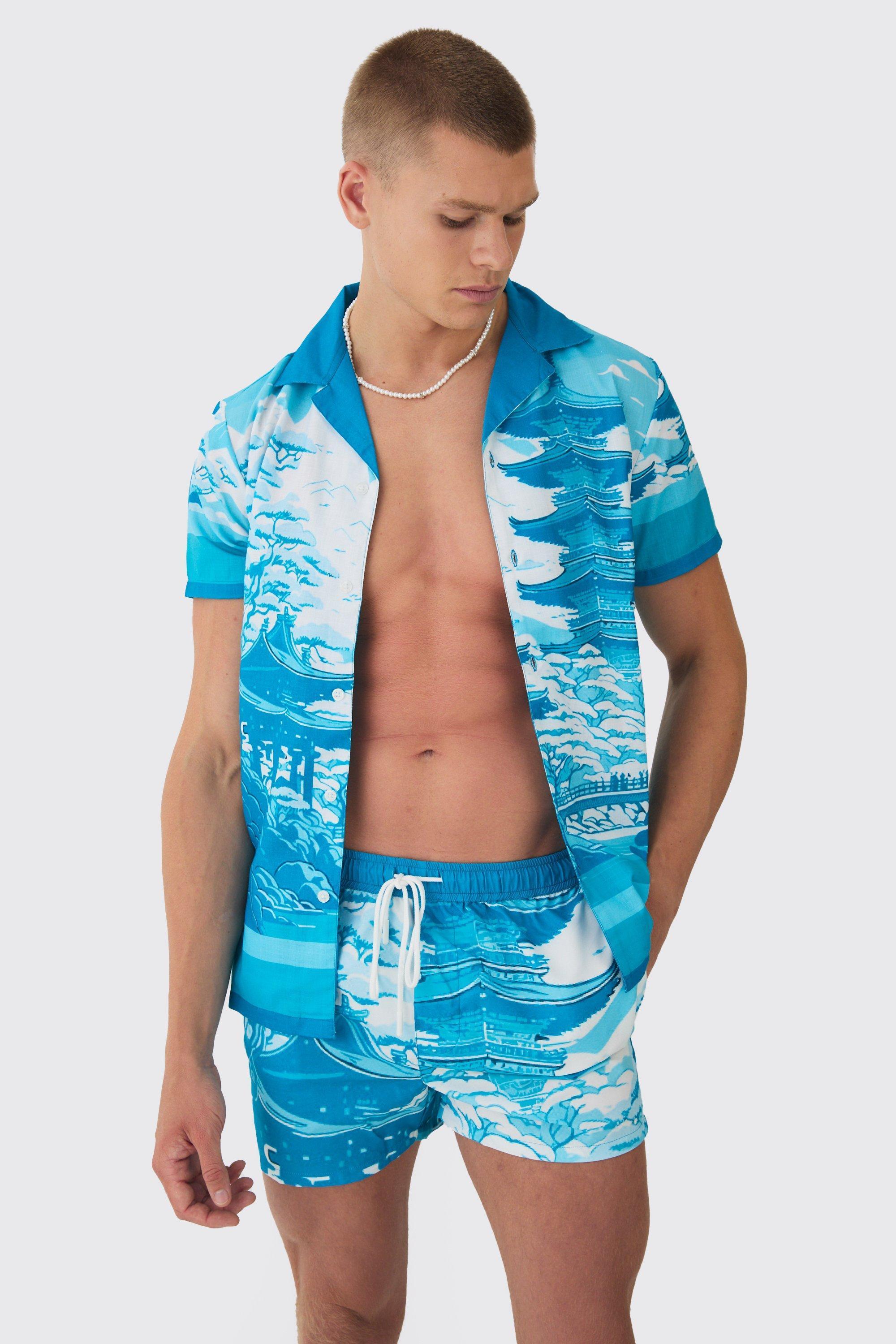 Regular Printed Shirt & Swim Trunks Set | boohooMAN USA Product Image