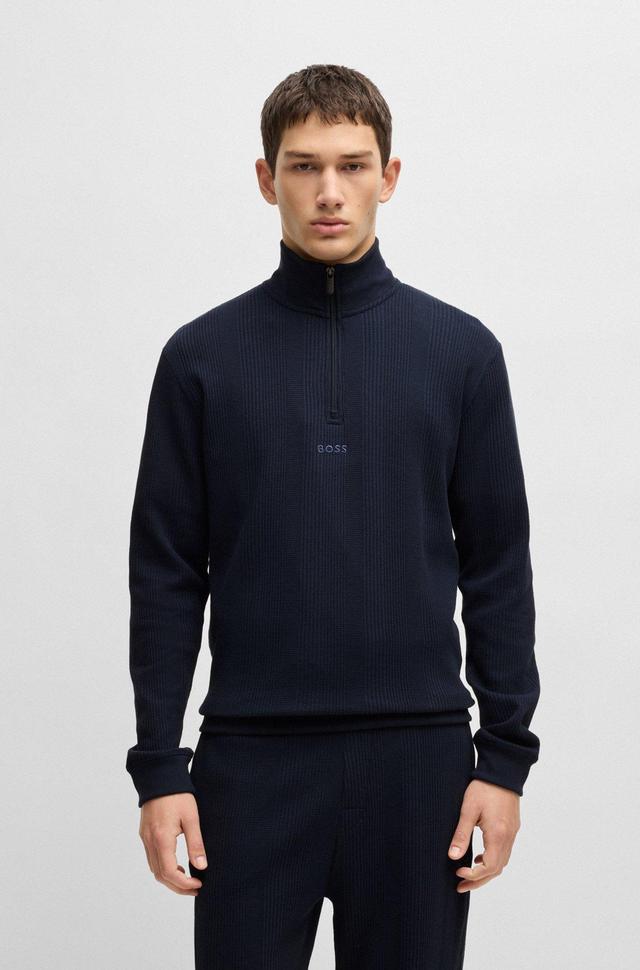 BOSS - Zip-neck sweater in a waffle-structured cotton  - Dark Blue Product Image