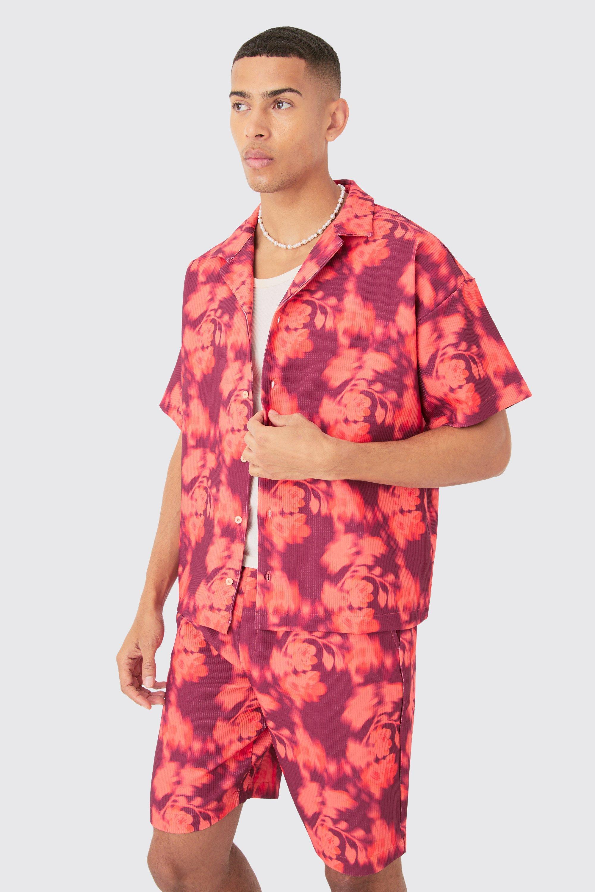 Boxy Abstract Floral Printed Pleated Shirt & Short Set | boohooMAN USA Product Image