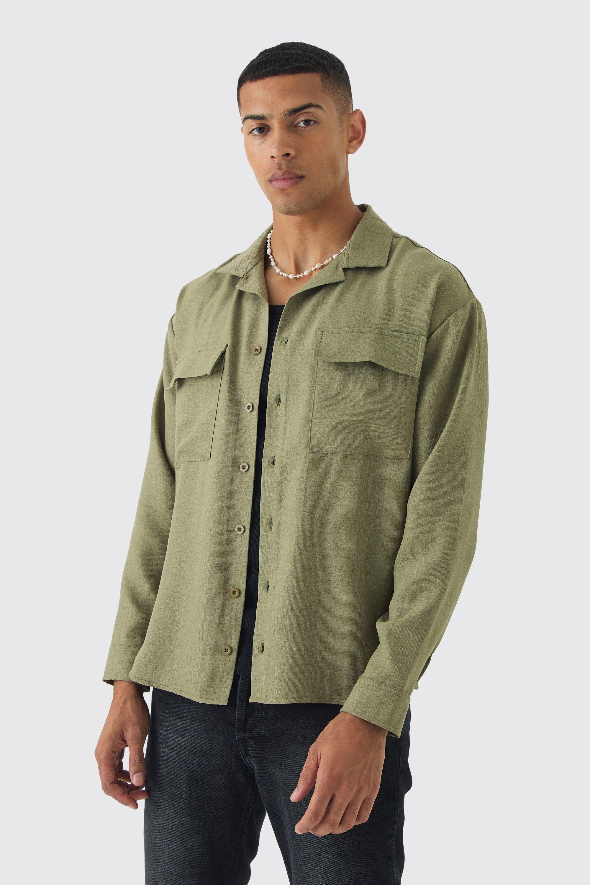 Oversized Linen Long Sleeve Revere Step Hem Shirt | boohooMAN USA Product Image