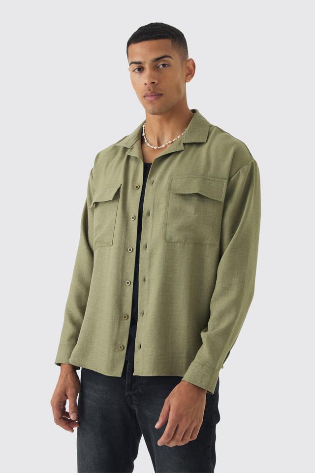 Mens Green Oversized Linen Long Sleeve Revere Step Hem Shirt, Green Product Image