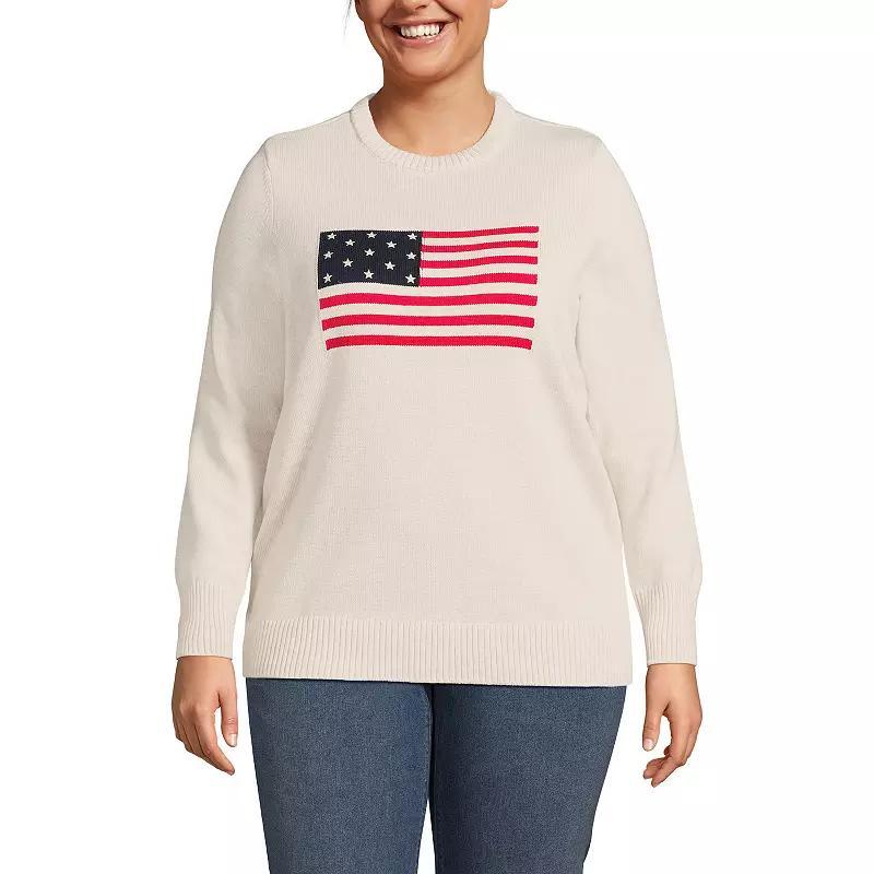 Plus Size Lands End Cotton Drifter Crew Neck Sweater, Womens Oatmeal Grey Flag Product Image