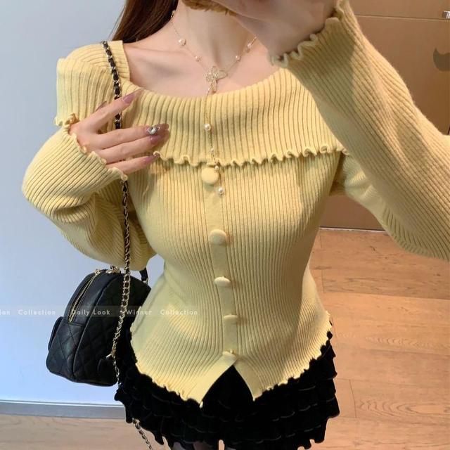 Long-Sleeve Square Neck Plain Button Accent Lettuce Edge Slit Knit Top Product Image