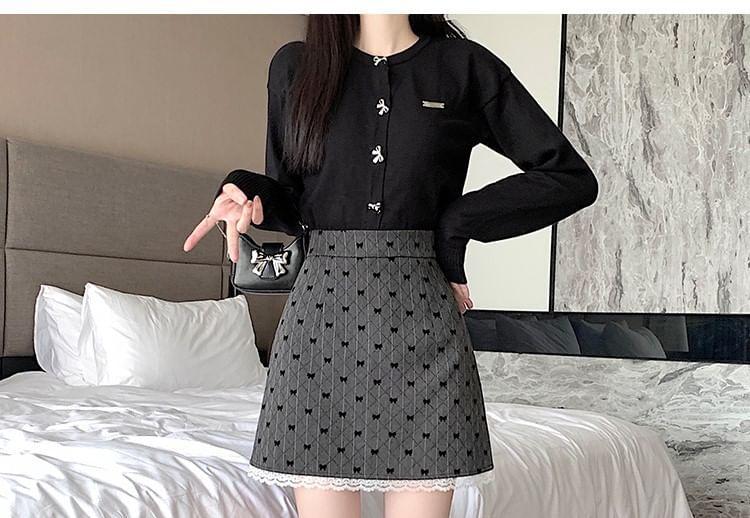 High Rise Bow Print Lace Trim Mini A-Line Skirt Product Image