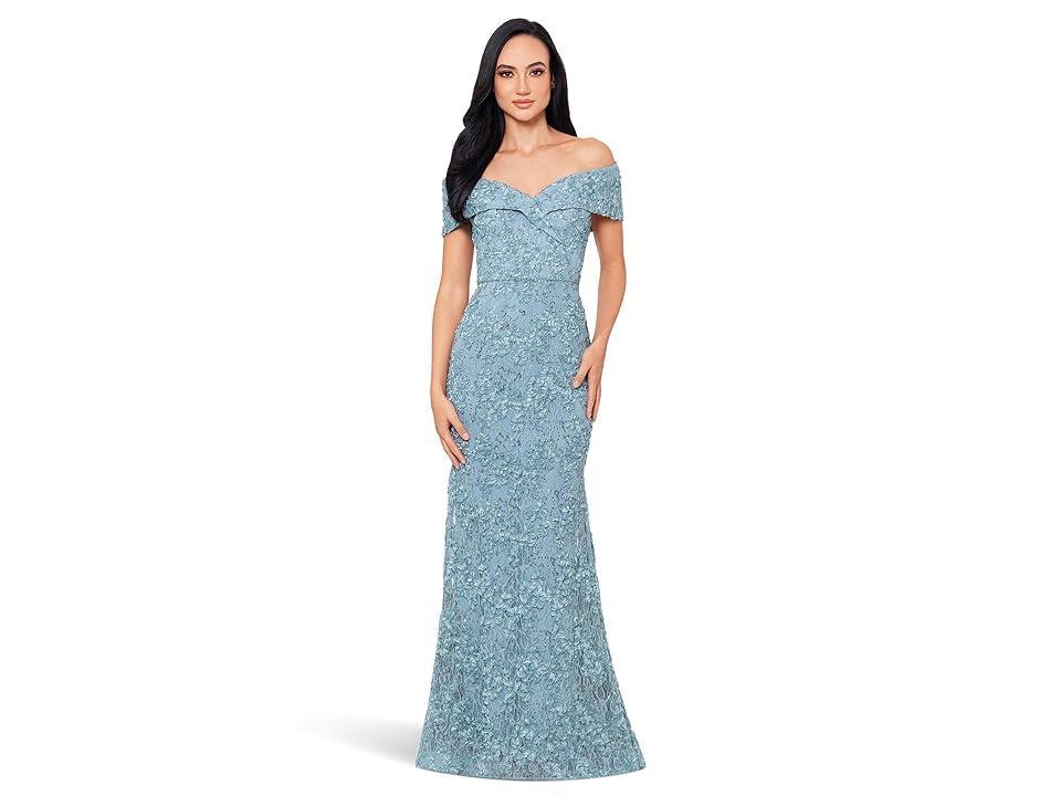 XSCAPE Off The Shoulder Long Lace Dress (Sage) Women's Dress Product Image