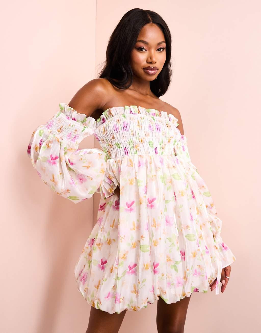 ASOS LUXE organza off shoulder ruched bubble mini dress in silver floral print Product Image