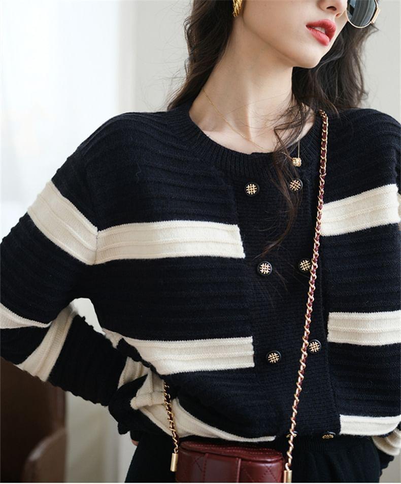 Crew Neck Striped Double-Breasted Crop Cardigan Product Image