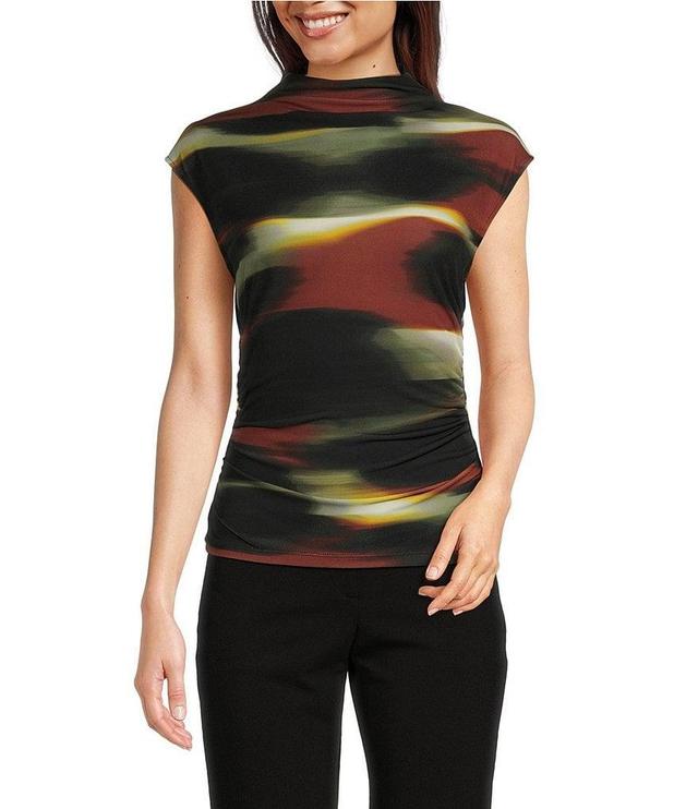 DKNY by Donna Karan Abstract Print Jersey Sleeveless Funnel Neck Ruched Top Product Image