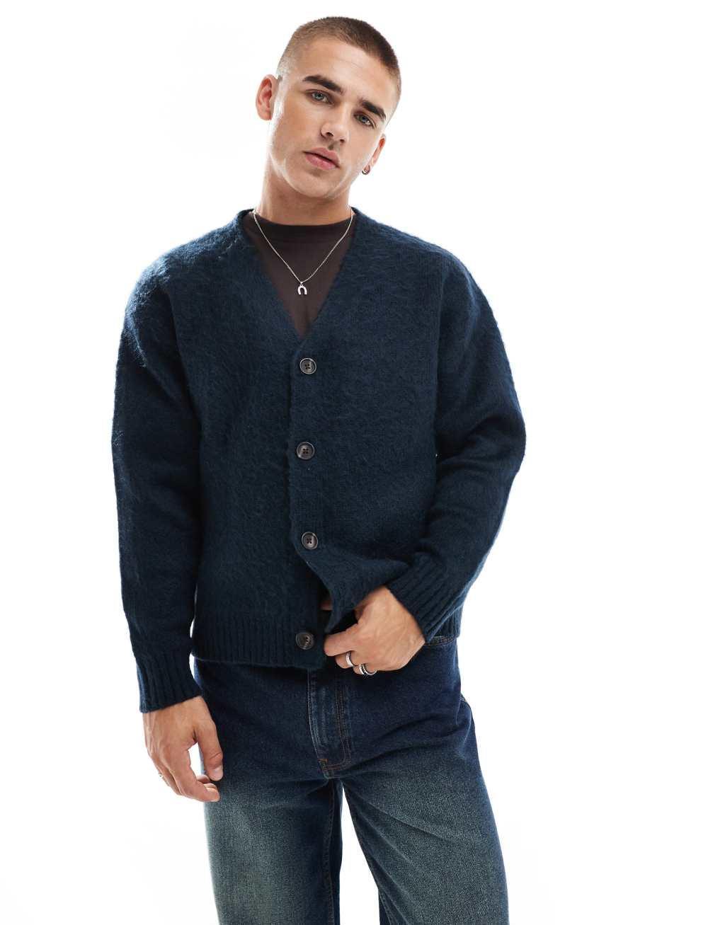 Cotton On boxy fit knitted cardigan in navy Product Image