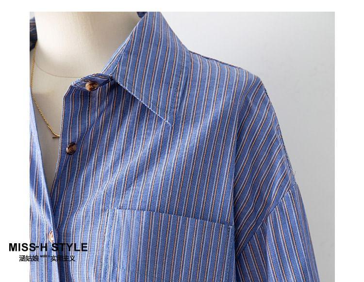 Balloon Sleeve Collared Pinstriped Button Up Shirt Product Image