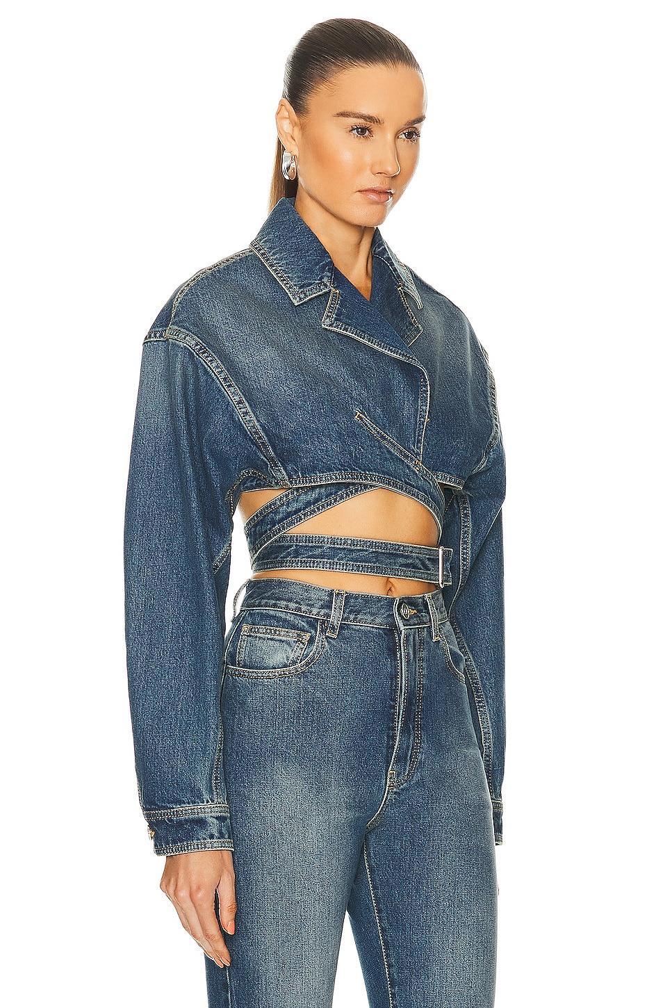 Womens Denim Cropped Belted Wrap Jacket Product Image