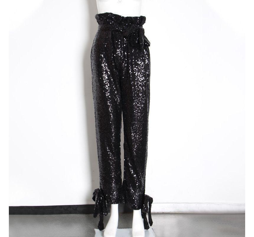 High Rise Tie-Rise Sequined Baggy Pants Product Image