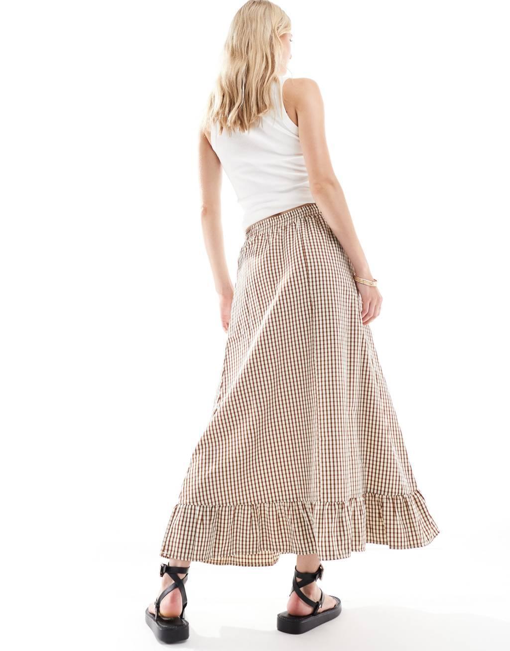 ONLY Tall gingham maxi skirt in brown  Product Image