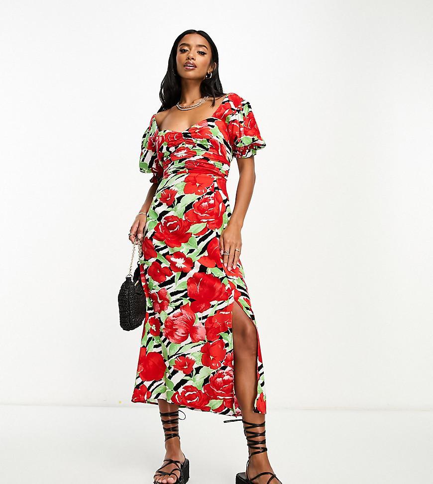 Miss Selfridge Petite sweetheart ruched midi dress in zebra floral  Product Image