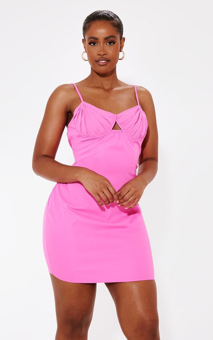 Shape Hot Pink Woven Ruched Cup Detail Strappy Mini Dress Product Image