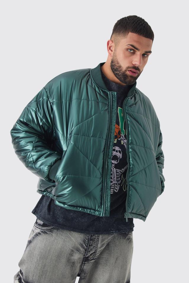 Plus Boxy Metallic Abstract Quilted Bomber Jacket In Green | boohooMAN USA Product Image