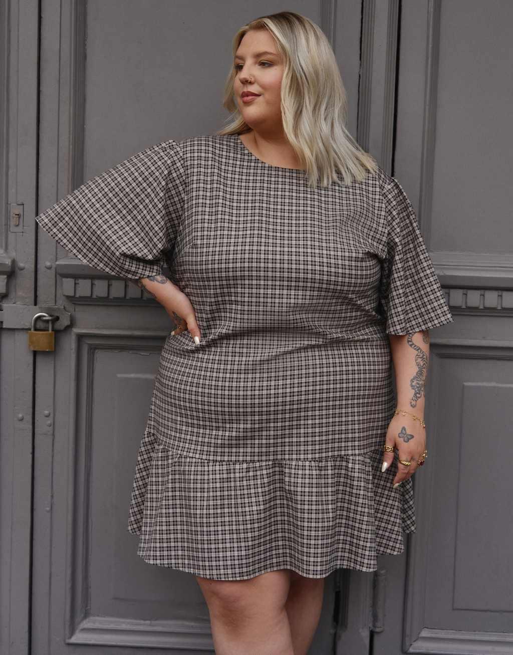 Renee Studio x Holly Wynne exclusive dropped hem puff sleeve mini dress in brown check Product Image