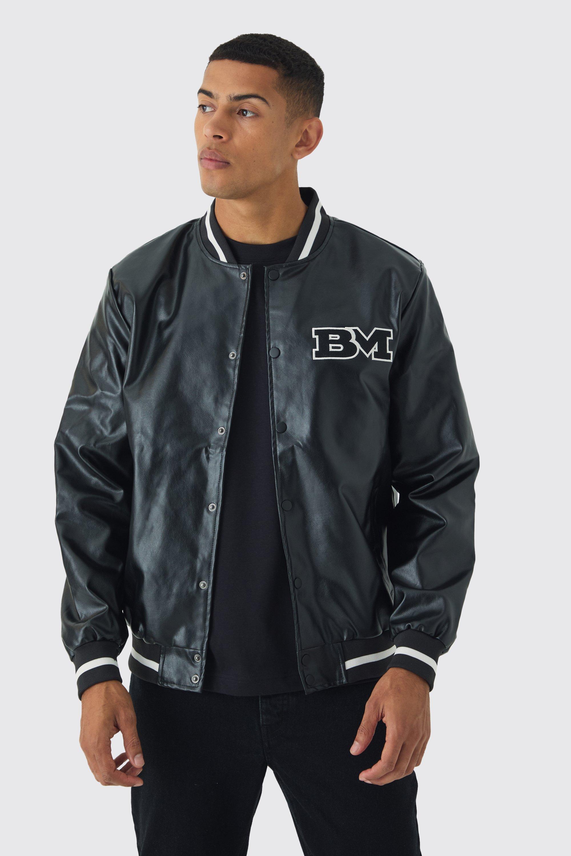 PU Badge Varsity Jacket In Black | boohooMAN USA Product Image