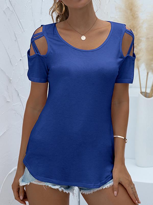 Loose Short Sleeves Hollow Solid Color Round-Neck T-Shirts Tops Product Image