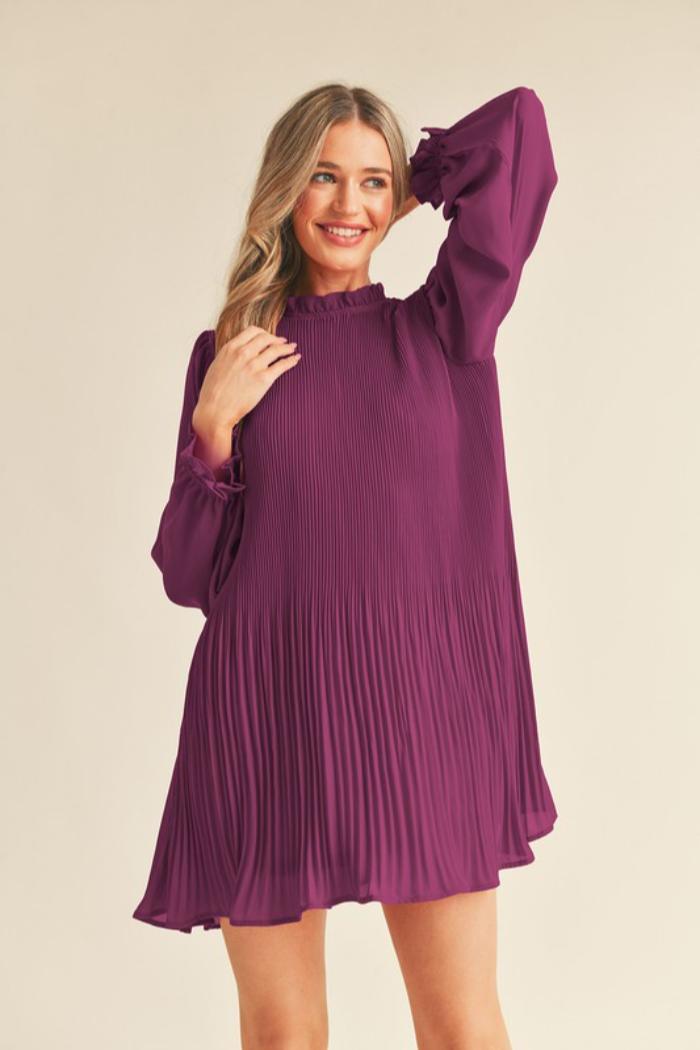 Pleated Ruffle High-Neck Dress Product Image