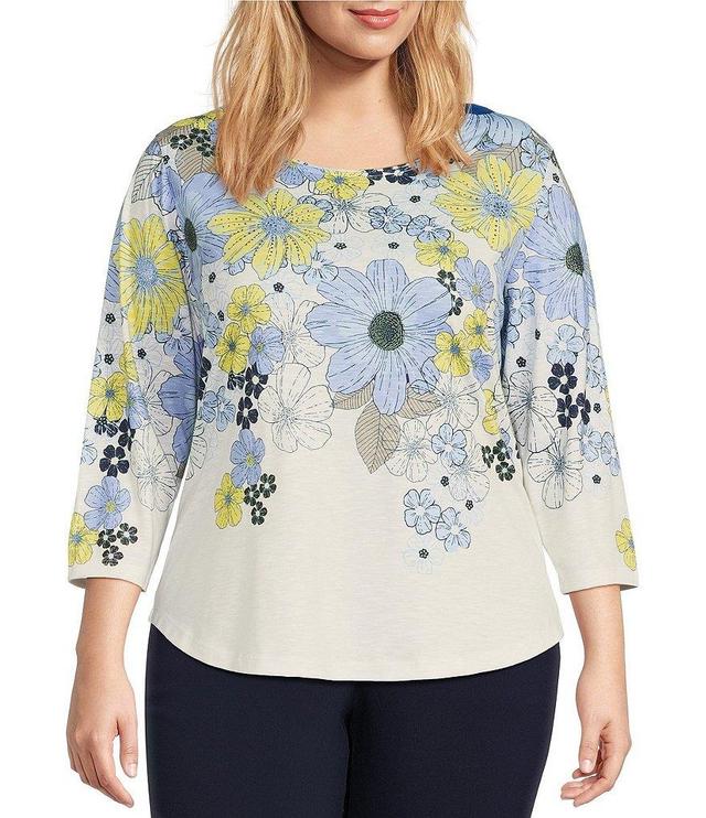 Allison Daley Plus Size Floral Print 3/4 Sleeve Scoop Neck Knit Top Product Image