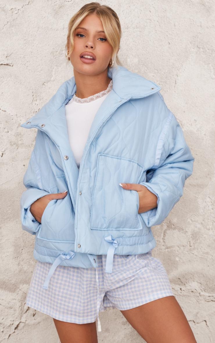 Light Blue Wave Quilted Contrast Binding Longline Jacket Product Image