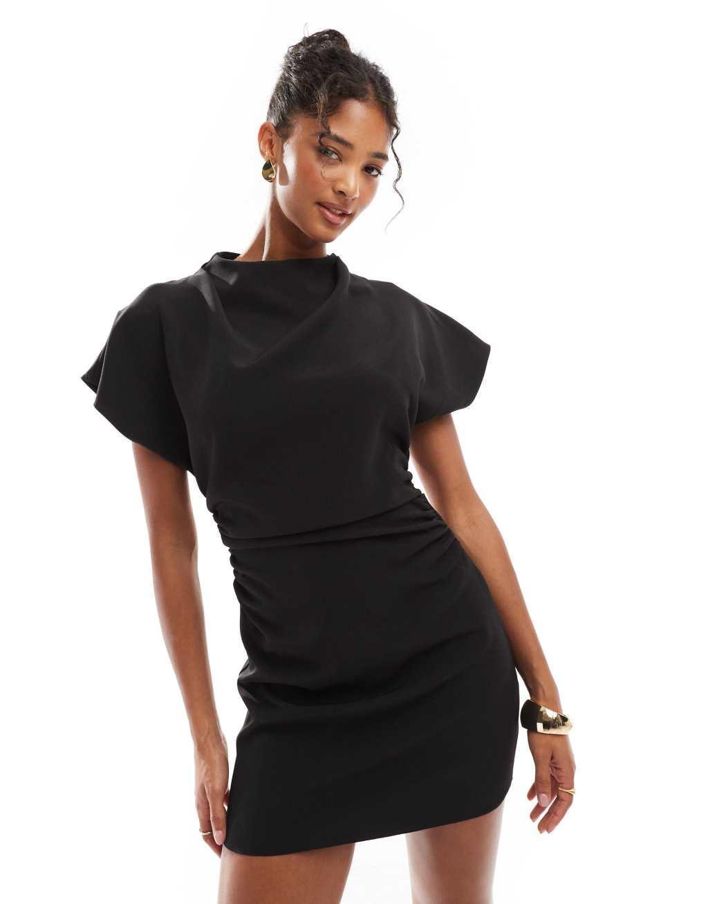 ASOS DESIGN grown on sleeve high neck mini dress with open back detail in black Product Image