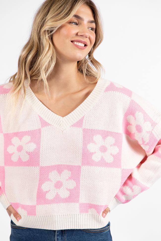 Found A New Way Pink V-Neck Checkered Flower Sweater FINAL SALE Product Image