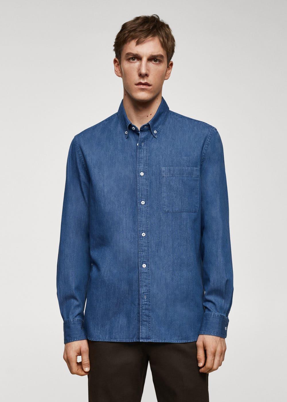 MANGO MAN - Regular-fit cotton chambray shirt medium blueMen Product Image