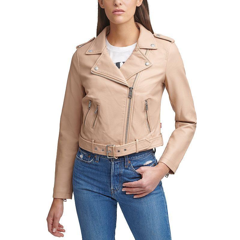 Womens Levis Belted Faux Leather Motorcycle Jacket Med Beige Product Image