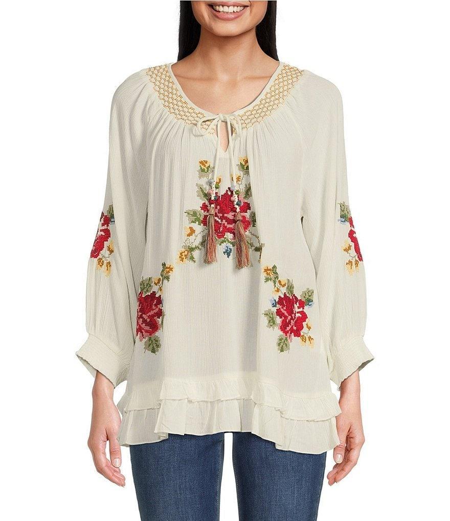 Tru Luxe Jeans Rayon Crinkle Floral Embroidered Scoop Neck 3/4 Smocked Cuff Sleeve Peasant Top Product Image