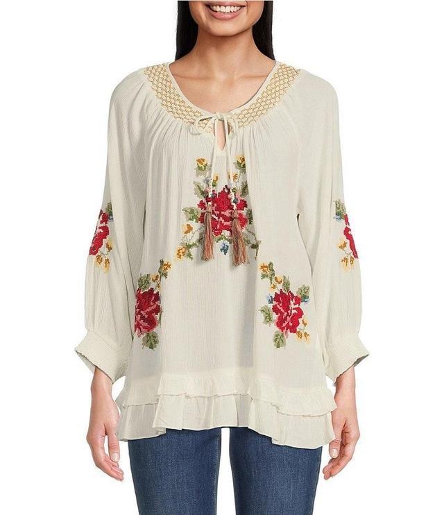 Tru Luxe Jeans Rayon Crinkle Floral Embroidered Scoop Neck 3/4 Smocked Cuff Sleeve Peasant Top Product Image