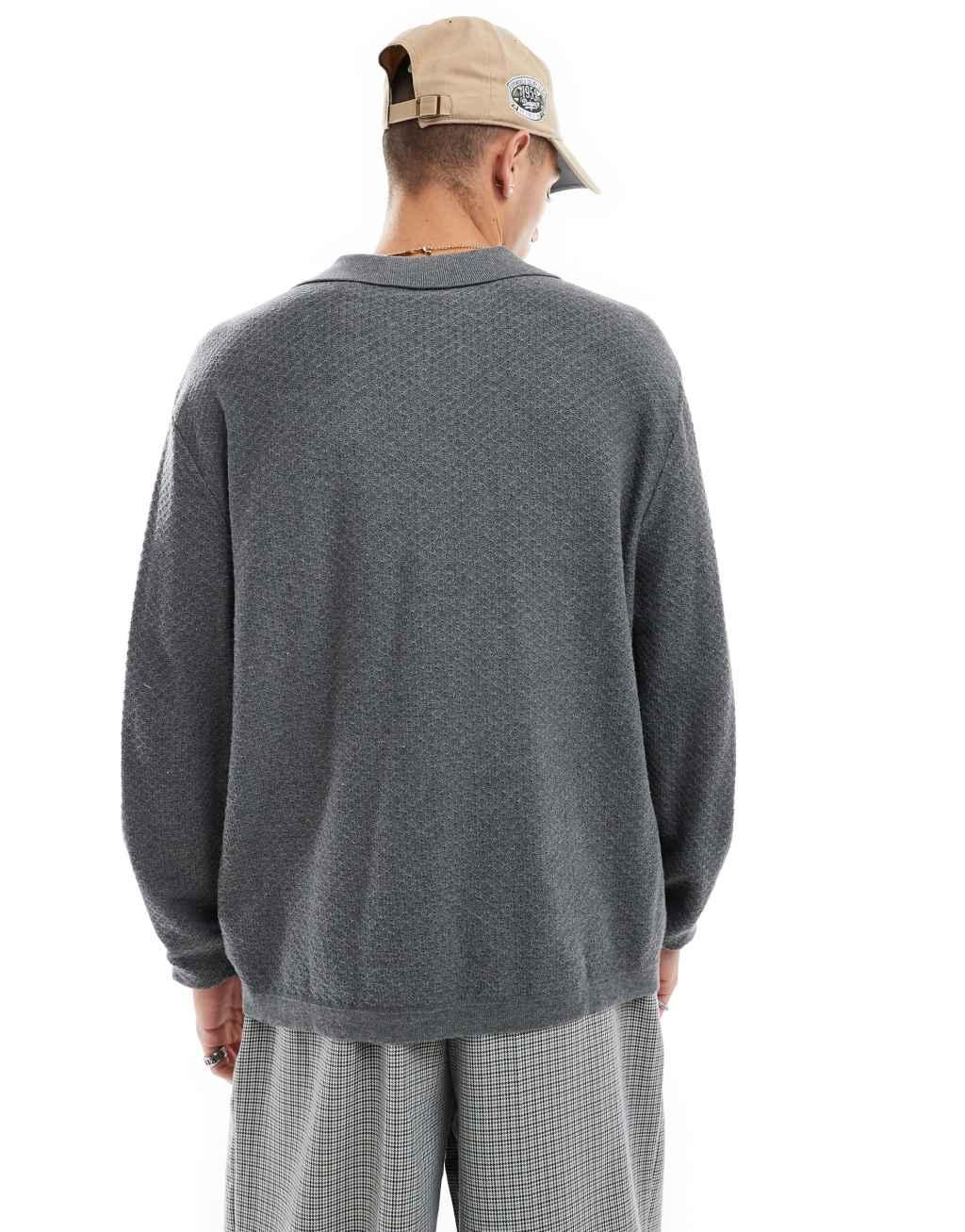 Cotton On knit long sleeve collar lightweight top in charcoal Product Image