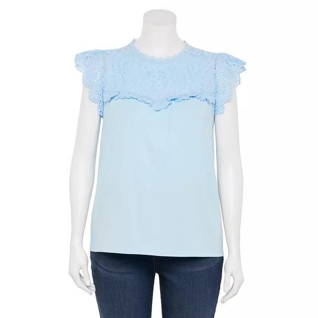 Plus Size LC Lauren Conrad Flutter Sleeve Mixed Media Tank Top, Womens Mineral Blue Product Image