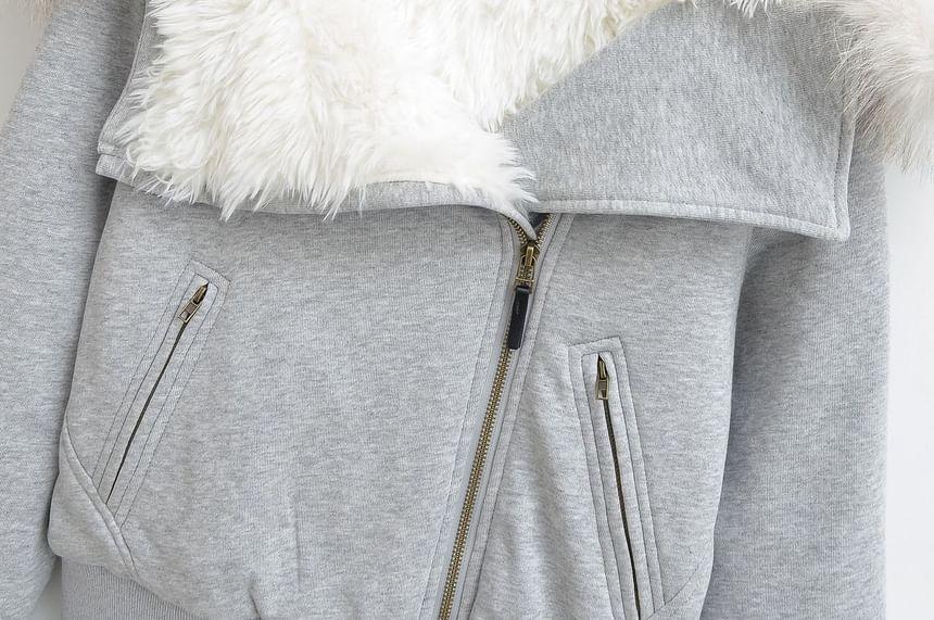 Long Sleeve Plain Fleeced Furry-Trim Hooded Zip-Up Jacket Product Image