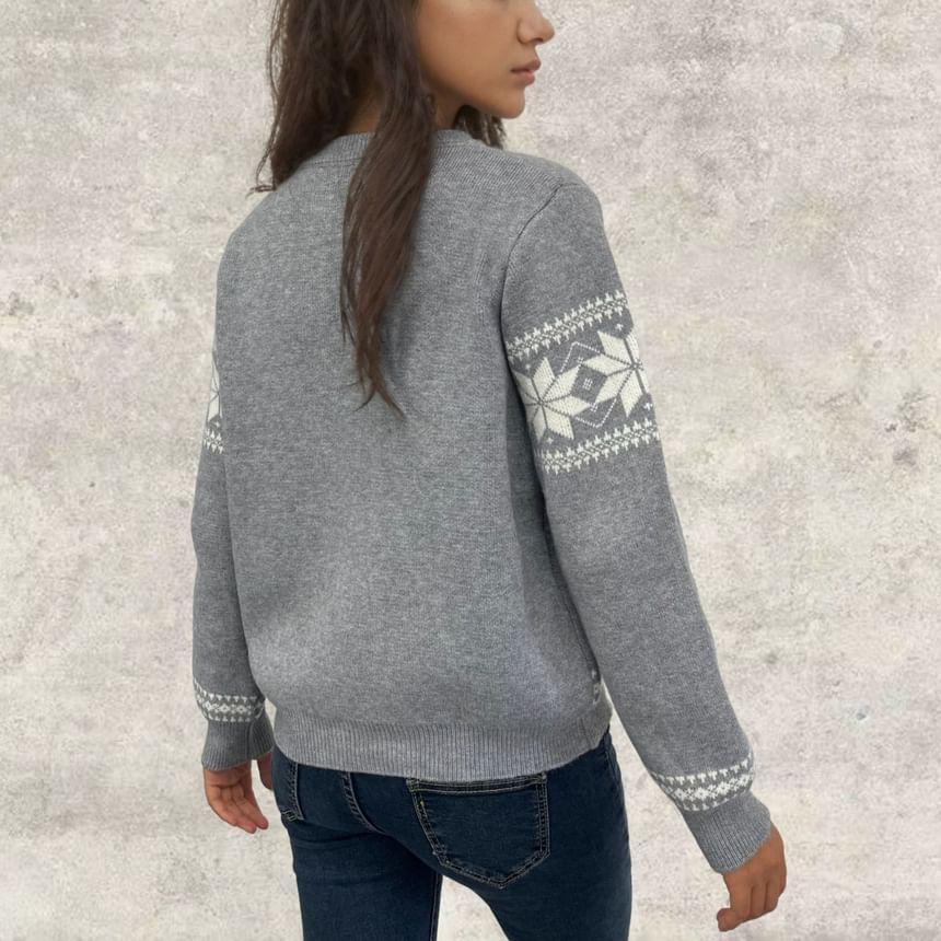 Crew Neck Snowflake Patterned Cardigan Product Image