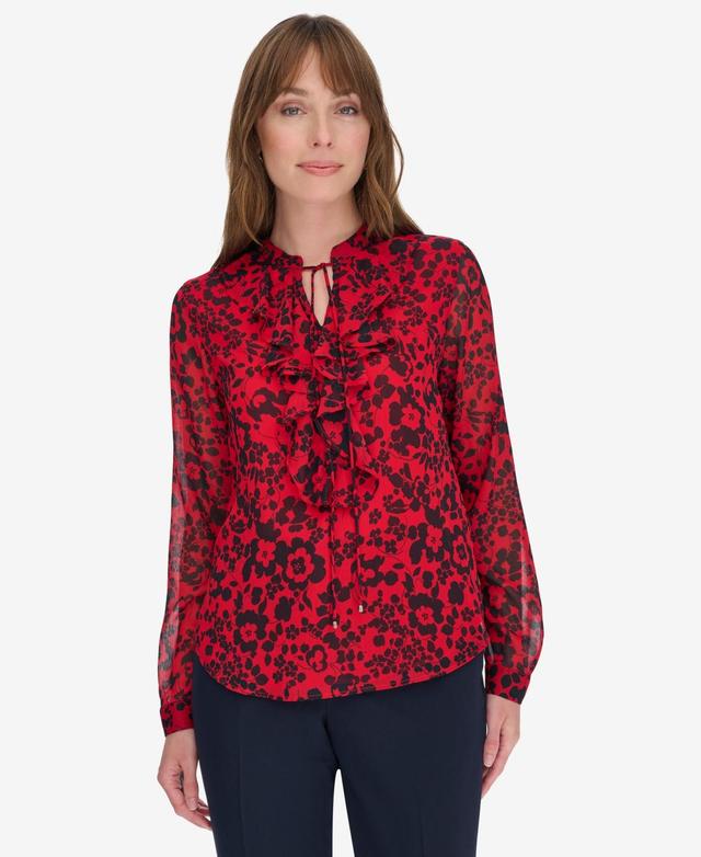 Tommy Hilfiger Womens Ruffled Floral Print Split-Neck Top - Mdnght Product Image