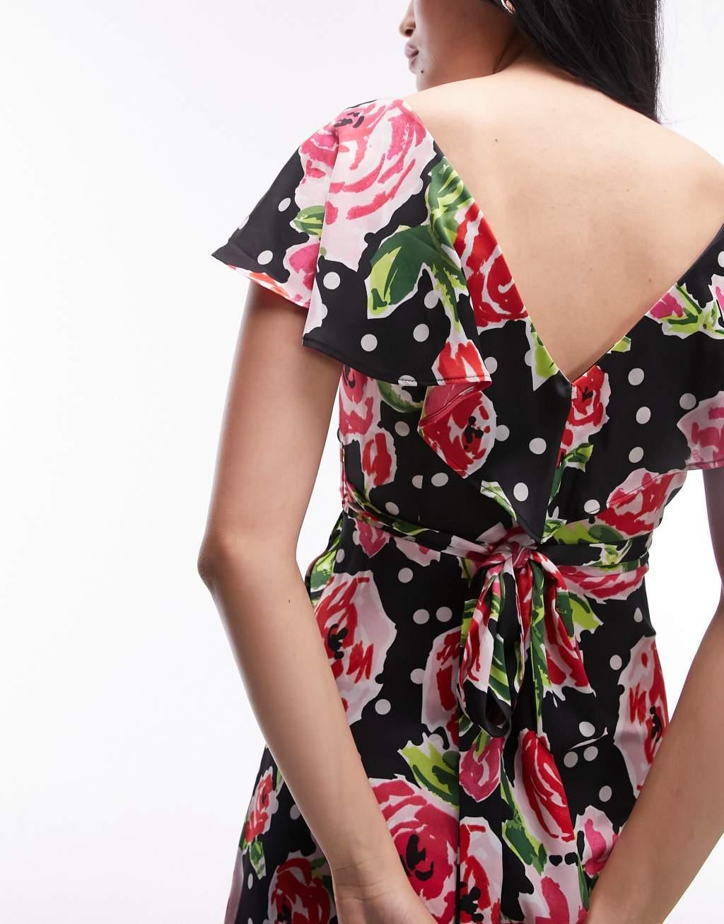 Topshop frill wrap maxi dress in red rose print Product Image