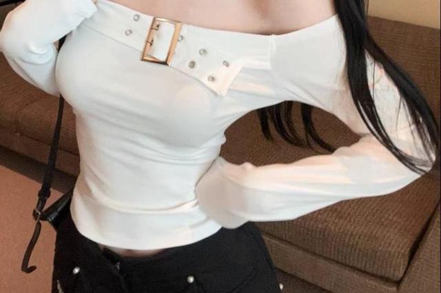 Long Sleeve Off Shoulder Plain Buckled Top Product Image