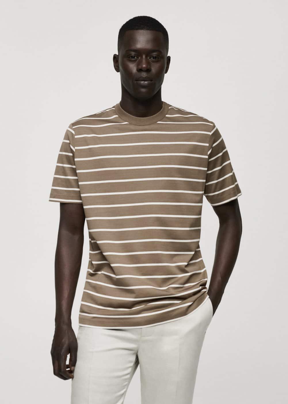 MANGO MAN - Striped cotton T-shirt khakiMen Product Image