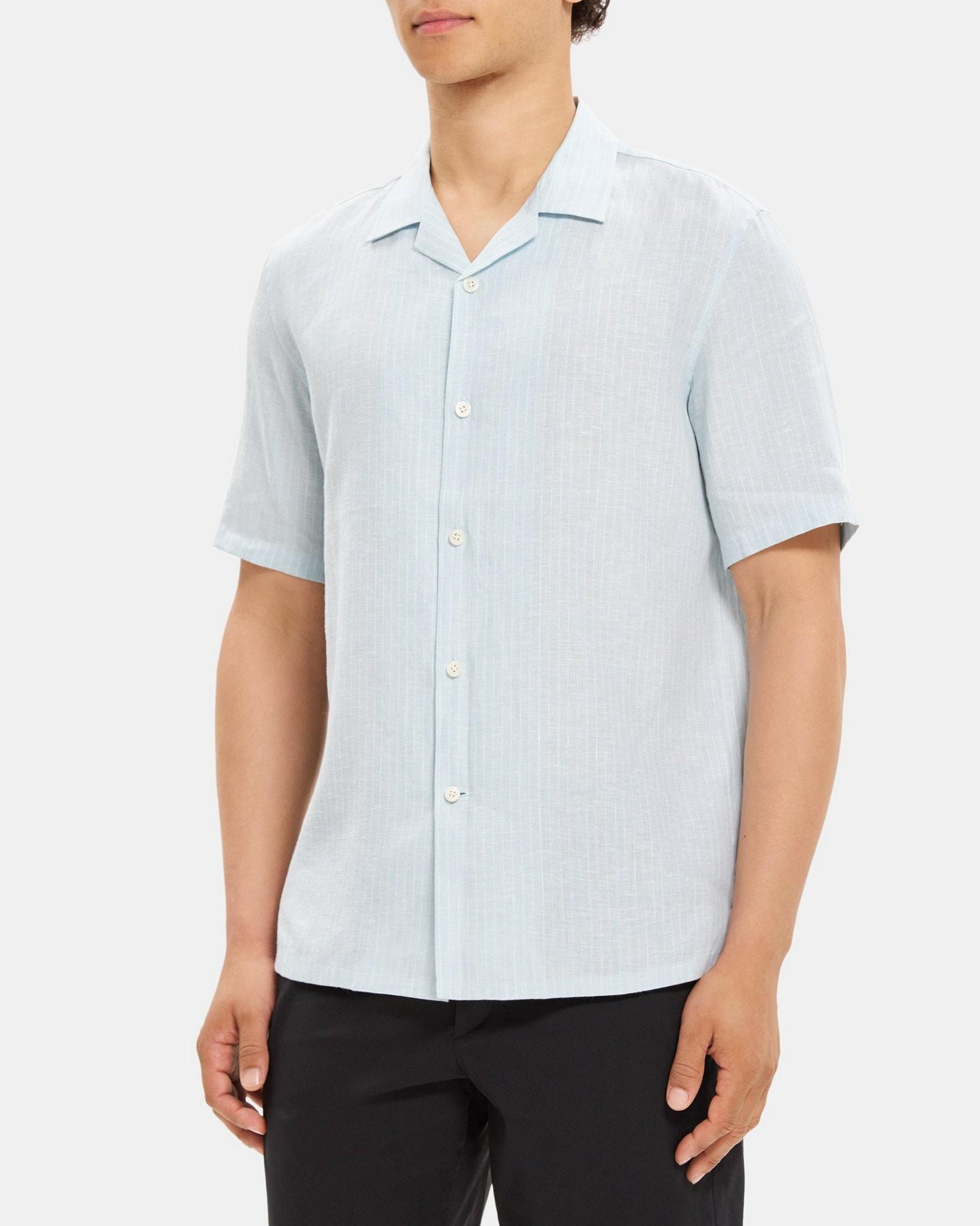 Short-Sleeve Camp Shirt in Striped Linen-Tencel Product Image