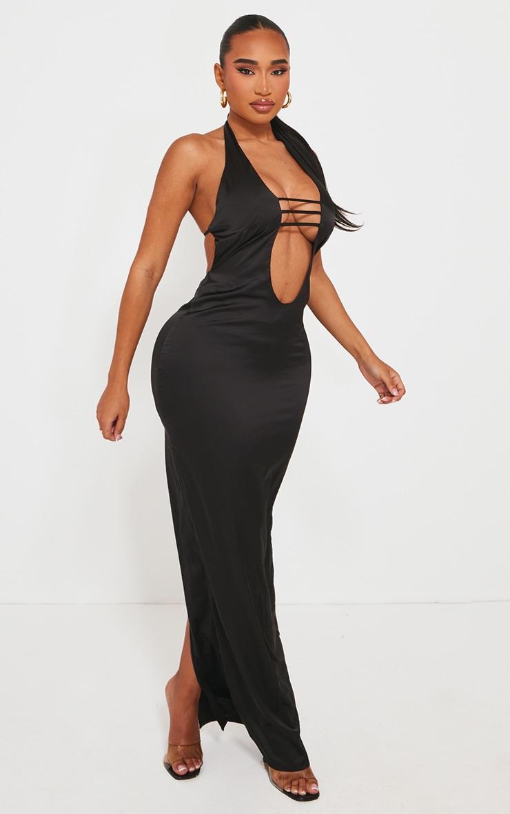 Shape Black Satin Plunge Front Halterneck Maxi Dress Product Image