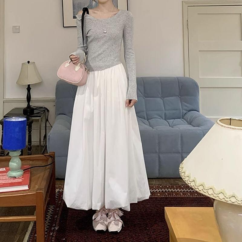 Long-Sleeve Boat Neck Bow Ribbed Knit Top / High Rise Midi A-Line Balloon Skirt Product Image