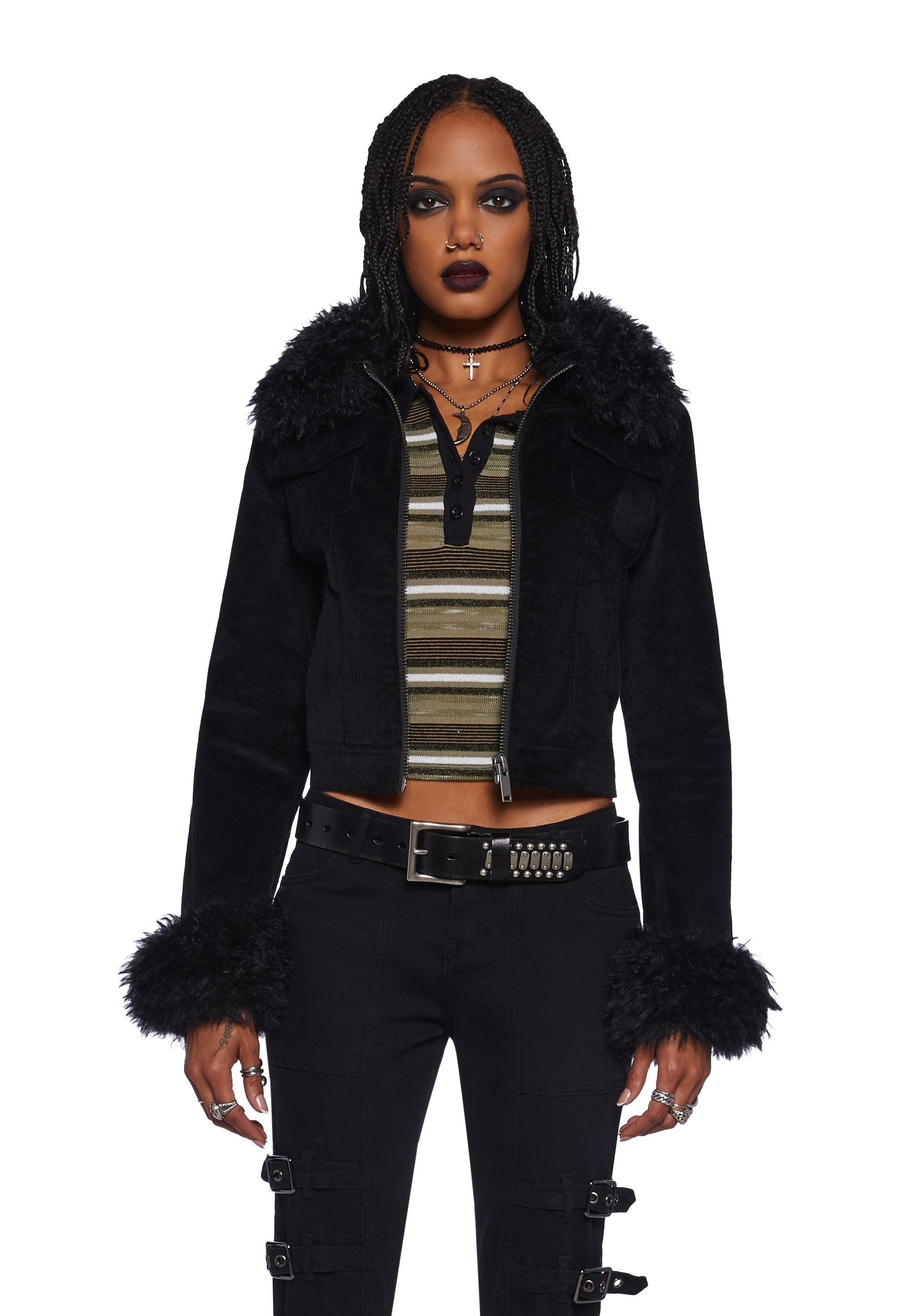 Widow Grunge Fitted Corduroy Faux Fur Trim Trucker Jacket - Black Product Image